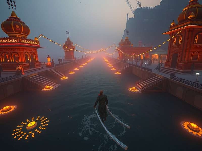 Varanasi Vex Pilgrim Path gameplay screenshot showing a pilgrim navigating the ghats of Varanasi during Ganga Aarti